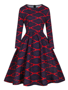 Robes de Vintage imprimé une ligne manches longues femme autour de cou plissé robe rétro