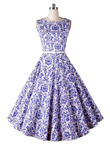 Vintage floral robe femme sans manches violette de col imprimé robe rétro évasé avec ceinture