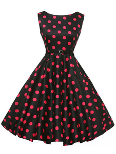Ceinturée robe rétro robe Vintage à pois sans manches A ligne féminine imprimée