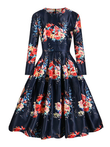 Robe rétro de la robe à fleurs Vintage noir manches longues A ligne féminine col plissé