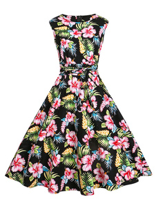 Une ligne de robes Vintage floral féminin imprimée sans manches robe rétro plissée avec ceinture