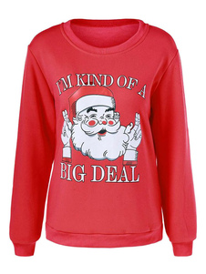 Santa de Noël Sweat-shirt coton rouge imprimé col rond manches longues Pullover Sweatshirt