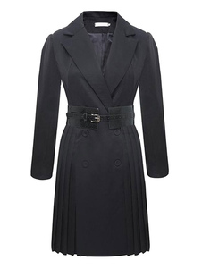 Noires Peacoat des femmes plissée Double Breasted veste avec ceinture