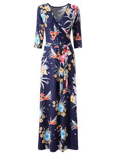 Maxi robe à fleurs Half Sleeve V cou femme imprimé robe longue avec ceinture