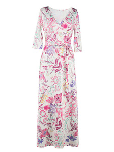 Robe Maxi V Manche 3/4 longueur manches Floral imprimé robe longue femmes