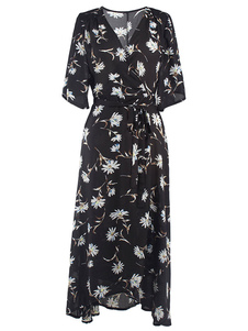 Robe Maxi noire Floral imprimé Half Sleeve V Neck robe longue féminin