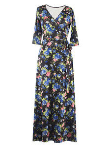 Robe Maxi imprimé Floral V Neck Half Sleeve Slim Fit robe longue femmes