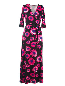 Robe Maxi V cou manches longues lacez femmes vers le haut de robe longue imprimé Floral