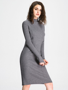 Robe pull charmante Longueur cheville rayures unicolore avec tricot élastique col roulé de Vacances