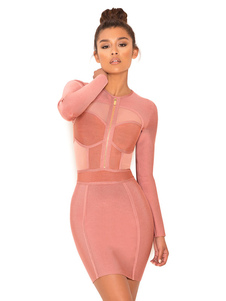 Robe rouge brique bijou encolure manches longues femmes Slim Fit Bodycon Dress