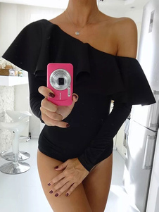 Body noir des femmes Sexy Ruffle une épaule manches longues Slim Fit Body