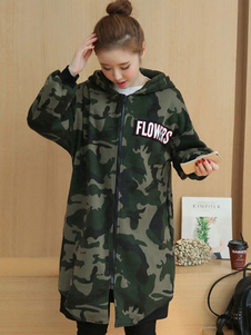 Charmant manteau en coton camouflage camouflage imprimé fleuri ouverture avant à capuche manches cas