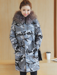 Populaire manteau en coton gris camouflage avec poches ouverture avant à capuche manches casaque