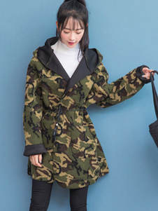 Adorable manteau en acétate de cellulose vert forêt camouflage avec poches ouverture avant à capuche