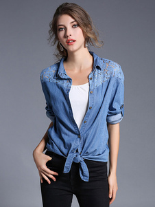 Blouse femme style western en denim bleu unicolore avec dentelle convertible