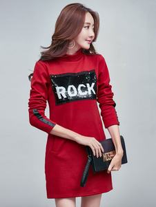 Fabuleuse robe droite mode en coton unicolore vêtements journaliers avec paillettes col montant