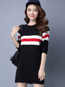 Populaire robe pull moyenne casual avec rayure vêtements journaliers col rond quotidienne