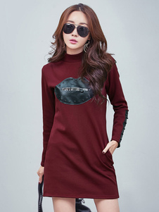 Élégente robe droite mode en coton unicolore vêtements journaliers PU col montant