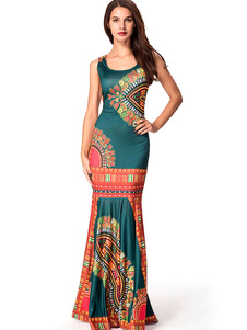 Robe longue vert foncé en spandex impression moulant plissé col rond