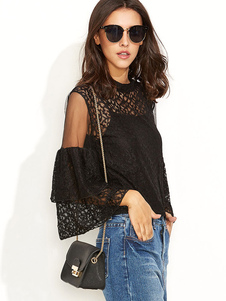 Blouse femme mode en dentelle noir unicolore creusé à demi-transparence
