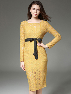 Robe bodycon en dentelle col rond unicolore creusé à demi-transparence