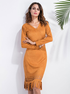 Robe bodycon en acétate de cellulose havane col V unicolore avec frange moulant