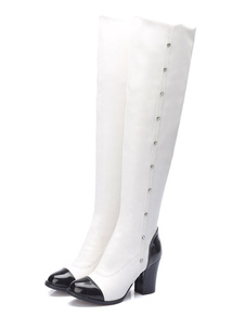 Bottes à talons épais en PU bicolore avec strass