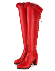Cuissardes à talons épais en PU unicolore et lacets avec fourrure en peluche courte artificielle