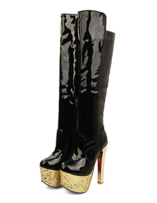 Bottes à bout rond zip en PU vernies unicolore