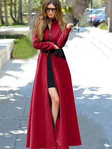 Charmant manteau en lycra spandex unicolore fendu avec zip avant col montant