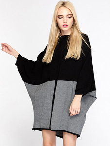 Magnifique robe pull casual noire bicolore plissée surdimensionné col rond quotidienne