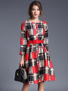 Fabuleuse robe skater mode synthétique rouge écossais moulant avec ceinture col rond