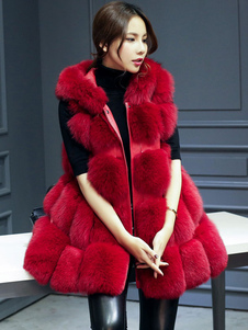 Fausse fourrure manteau rouge sans manches taille positive Outwear à capuche Hooded manteau féminine
