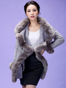 Beau manteau femme en polyester gris unicolore en fausse fourrure surdimensionné colet revers