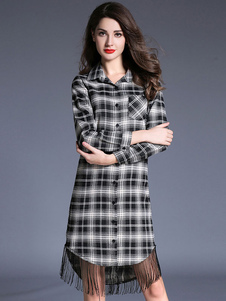 Magnétique robe droite casual en coton noir écossais vêtements journaliers avec frange col à revers