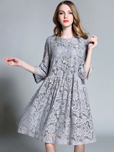 Taille Plus robe de dentelle grise découpe genou longueur robe de Flare