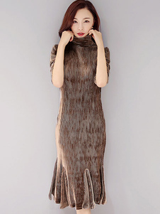 Séduisante robe skater mode en velours de soie unicolore plissé plissé col roulé