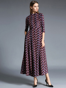 Robe longue bordeaux en velours côtelé à zigzags moulant avec poches col rond