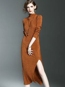 Fascinante robe pull longue mode unicolore fendue moulante col roulé quotidienne