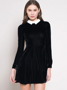 Attrayante robe skater confortable en velours de soie noir unicolore moulant plissé col à revers