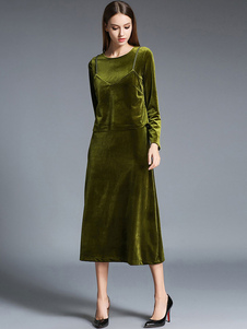 Robe longue vert en velours de soie unicolore moulant col rond