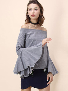 Blouse belle casual en coton bleu unicolore à volants à dos décolleté