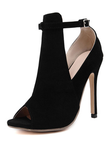 Sandale noire bottillons haut talon Peep Toe cheville bottes en daim pour femmes