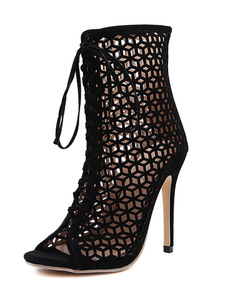 Daim noir cheville bottes Stiletto Peep Toe Sandals chaussures lacets chaussures de haut talon femme