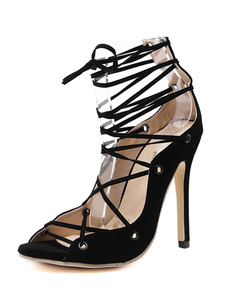 Belles sandales mode noires unicolore avec lacets à bout ouvert