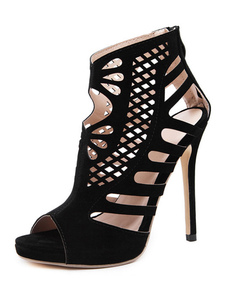 Découpe de Peep Toe bottillons à talons hauts noir sandale Bottes femme Stiletto cheville bottes en 