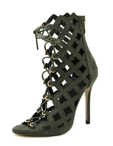 Gladiator sandales en daim talons hauts verts lacent découper chaussons sandale pour femmes