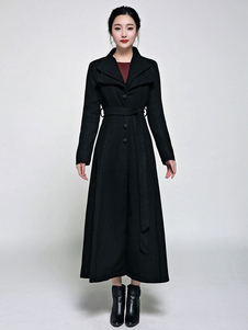 Éblouissant manteau Laine de plaine noir unicolore avec ceinture convenable col à revers