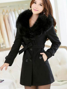 Adorable manteau Laine de plaine unicolore avec ceinture convenable col à revers