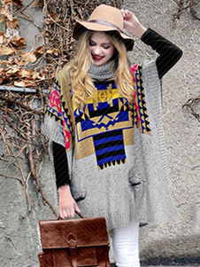 Jacquard manches courtes Poncho gris pull col féminin en tricot pulls